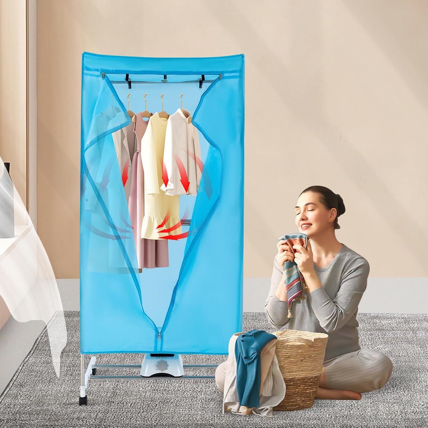 Portable Dryer 110V 1000W Electric Clothes Dryer Machine Fast Garment Dryer Heater 2-Tier Rolling Clothing Drying Rack with Wheels for Home Dorm Hotel Travel, Blue - Image 6