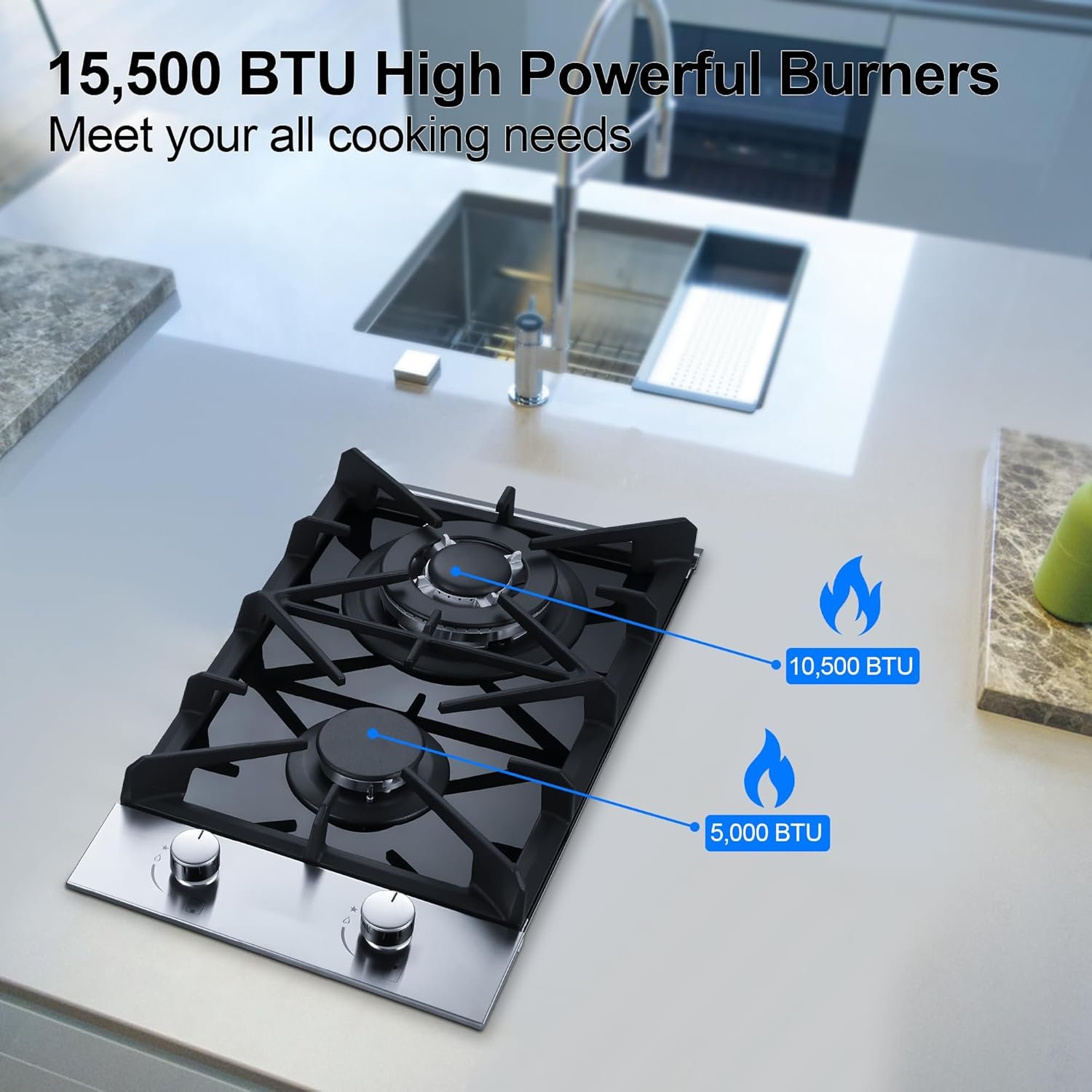 2 Burner Propane Gas Cooktop, 12 inch LPG/NG Dual Fuel Built-in Gas Stove Top, Black Tempered Glass Gas Stove, Gas Hob for Apartment, Outdoor, RV, With Thermocouple Protection - Image 2