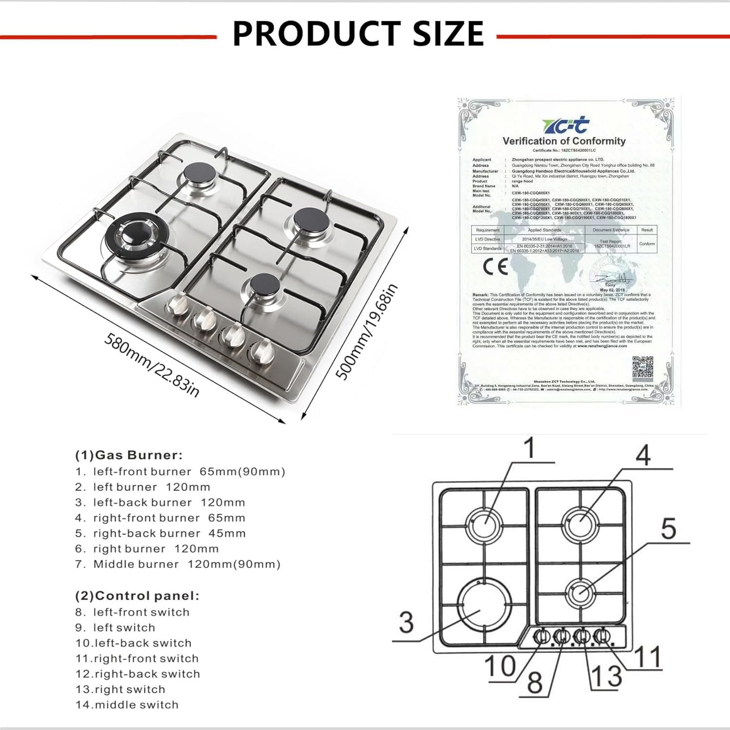 4 Burner Gas Top Stove Gas Cooktop 24 Inch Stainless Steel Built-in Gas Cooktop Gas Cooker Natural LPG Silver Gas Hob for Kitchen,Electric Ignition(4 Burner/22.83" * 19.68") - Image 6