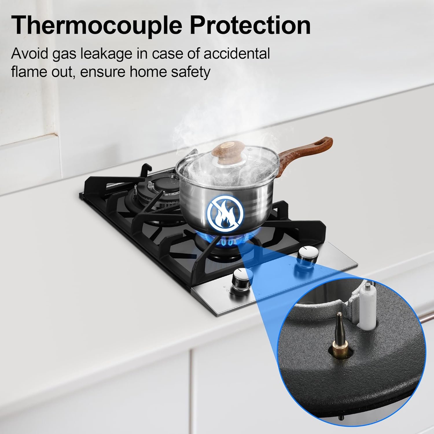 2 Burner Propane Gas Cooktop, 12 inch LPG/NG Dual Fuel Built-in Gas Stove Top, Black Tempered Glass Gas Stove, Gas Hob for Apartment, Outdoor, RV, With Thermocouple Protection - Image 4