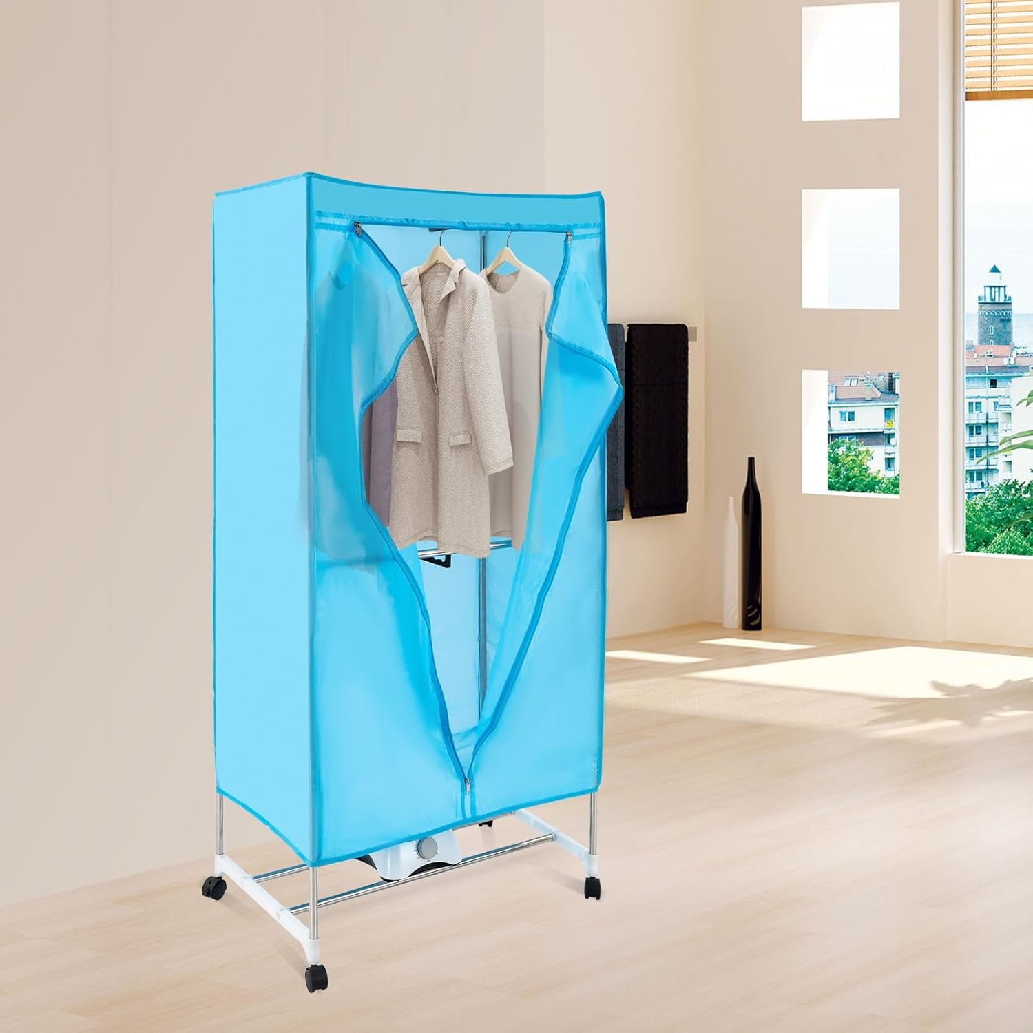 Portable Dryer 110V 1000W Electric Clothes Dryer Machine Fast Garment Dryer Heater 2-Tier Rolling Clothing Drying Rack with Wheels for Home Dorm Hotel Travel, Blue - Image 7