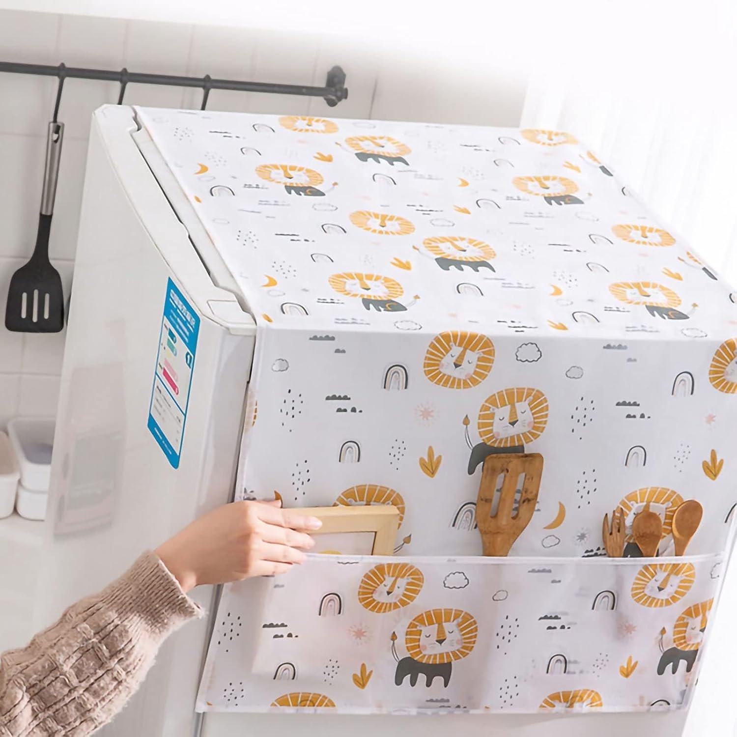 Dust-Proof Refrigerator Cover PEVA Washing Machine Top Protector with Side Storage Bags Water and Oil Proofing Refrigerator Cover Towel Universal Cover for Home and Kitchen(Lion) - Image 4