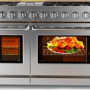 48 Inch Gas Range, Full Gas Freestanding Range with 6 Sealed Burners Cooktop & Cast Iron Grates & 7 Cu.Ft. Double Convection Oven, Stainless Steel Gas Range Stove for RV, Silver