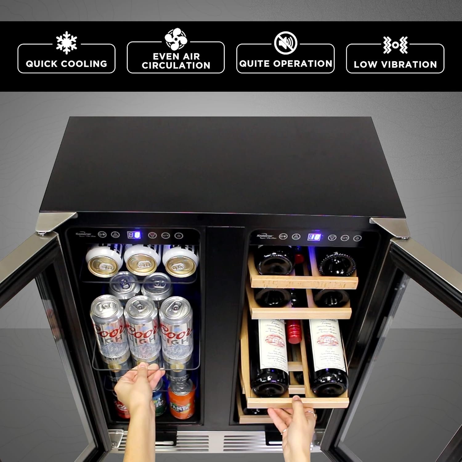 Koolatron Wine Fridge - Under Counter Wine Cooler, 18 Bottle and 56 Beverage Can Chiller, Built in Wine Cabinet for Champagne, White & Red Wine, Bar, Dual Zone Freestanding Cellar, Stainless Steel - Image 5