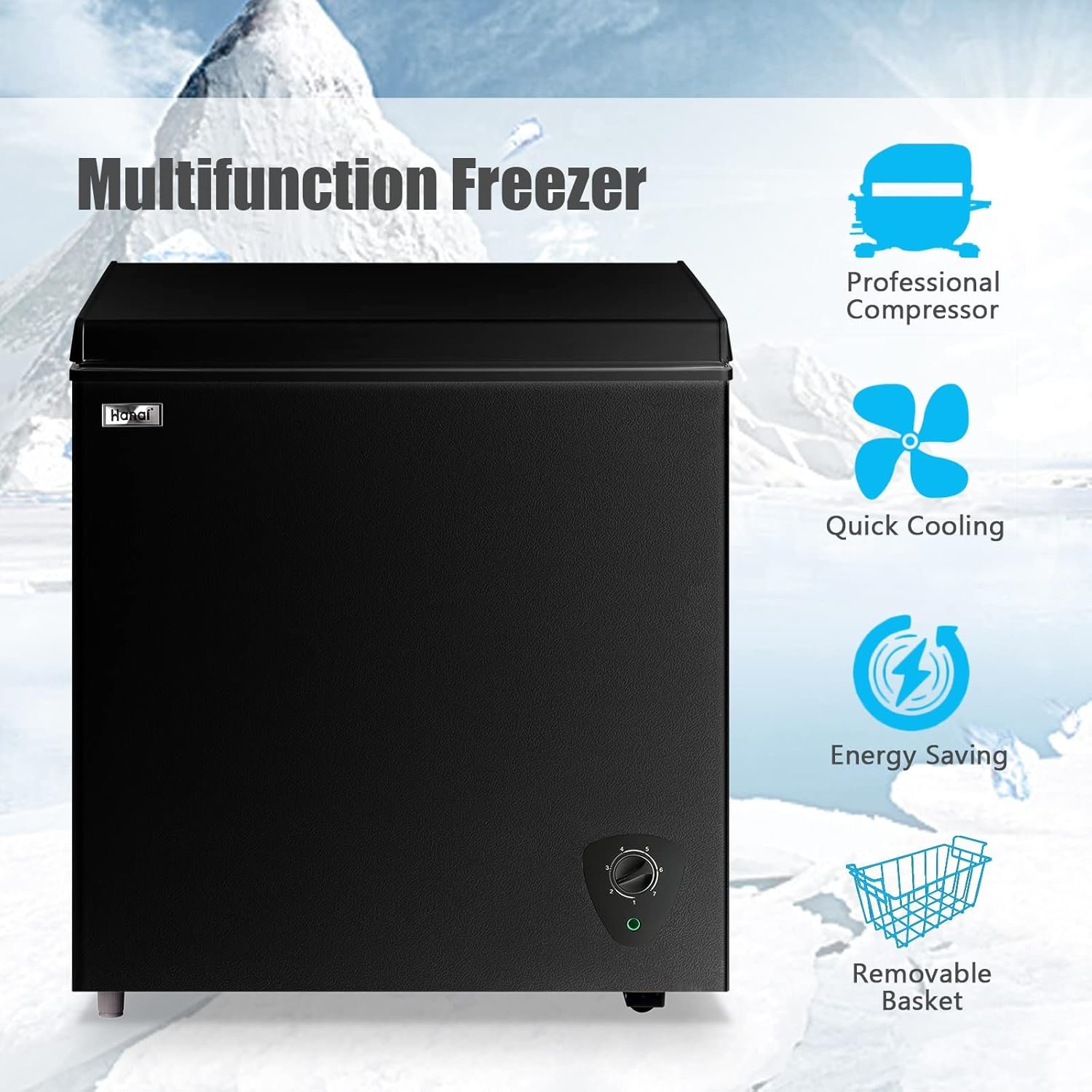 Chest Freezer 5.0 Cu.Ft Black Compact Freezer, Manual Defrost Deep Freezer with Storage Basket, Space-Saving Flat Back, Stay-Open Lid, Side-Access Drain for Home Basement Cottage Business - Image 4