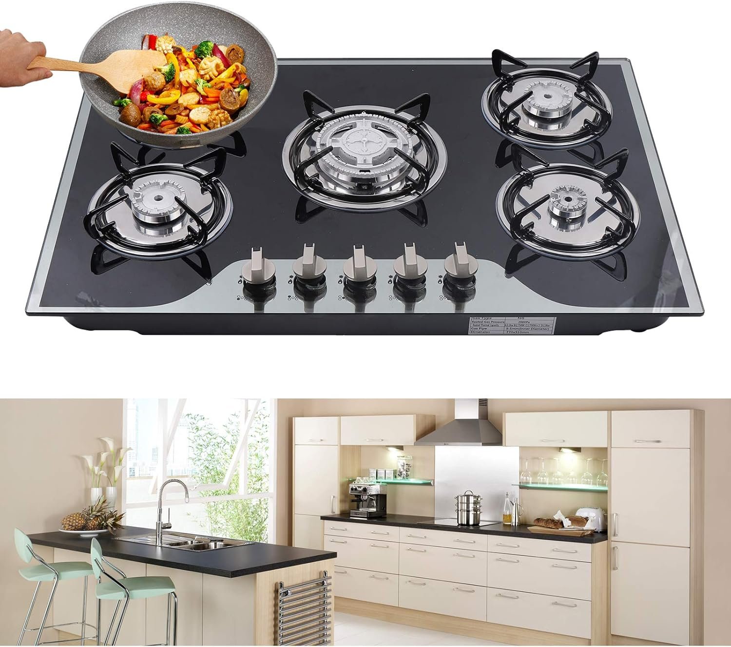 30Inch Gas Cooktop, Built-in 5 Burner Gas Stove with Tempered Glass Panel, Stainless Steel Cooktop Gas Cooktop LPG/NG Gas Cooktop 5 Burner Gas Cooker for Home, Restaurant - Image 3