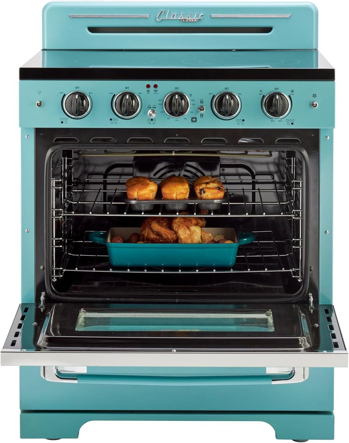Unique Appliances UGP-30CR EC T Classic Retro Radiant Freestanding Electric Convection Oven Light, Range with 5-Element Glass Cooktop, 30", Ocean Mist Turquoise - Image 2