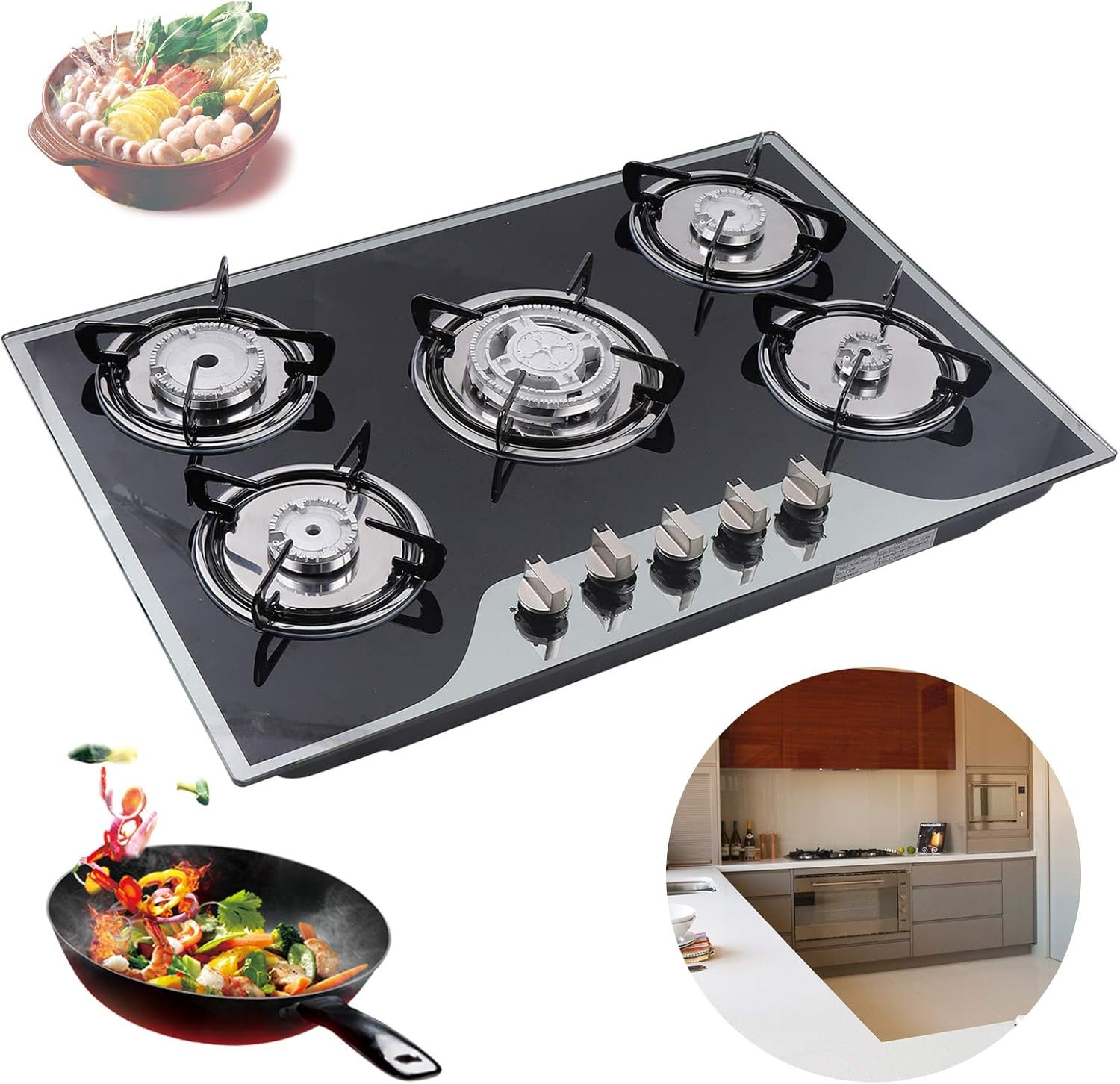 30Inch Gas Cooktop, Built-in 5 Burner Gas Stove with Tempered Glass Panel, Stainless Steel Cooktop Gas Cooktop LPG/NG Gas Cooktop 5 Burner Gas Cooker for Home, Restaurant - Image 4