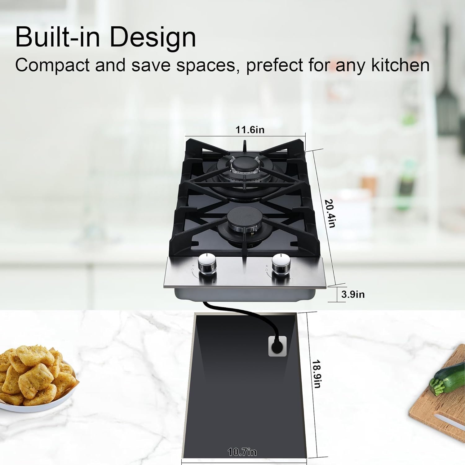 2 Burner Propane Gas Cooktop, 12 inch LPG/NG Dual Fuel Built-in Gas Stove Top, Black Tempered Glass Gas Stove, Gas Hob for Apartment, Outdoor, RV, With Thermocouple Protection - Image 5