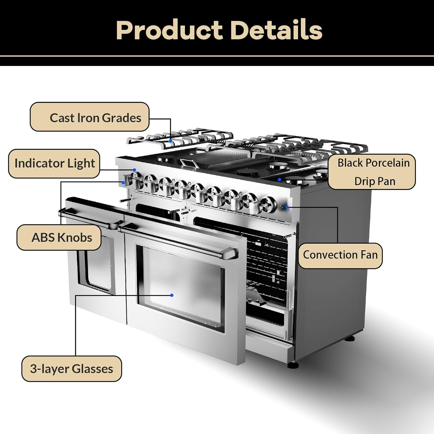 48 Inch Gas Range, Full Gas Freestanding Range with 6 Sealed Burners Cooktop & Cast Iron Grates & 7 Cu.Ft. Double Convection Oven, Stainless Steel Gas Range Stove for RV, Silver - Image 4