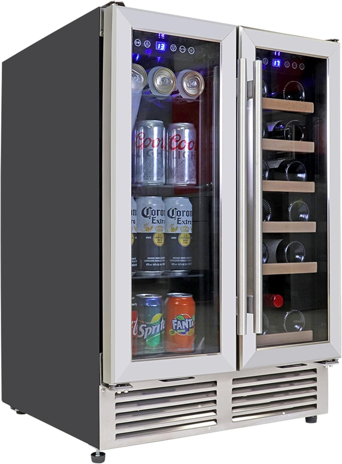 Koolatron Wine Fridge - Under Counter Wine Cooler, 18 Bottle and 56 Beverage Can Chiller, Built in Wine Cabinet for Champagne, White & Red Wine, Bar, Dual Zone Freestanding Cellar, Stainless Steel