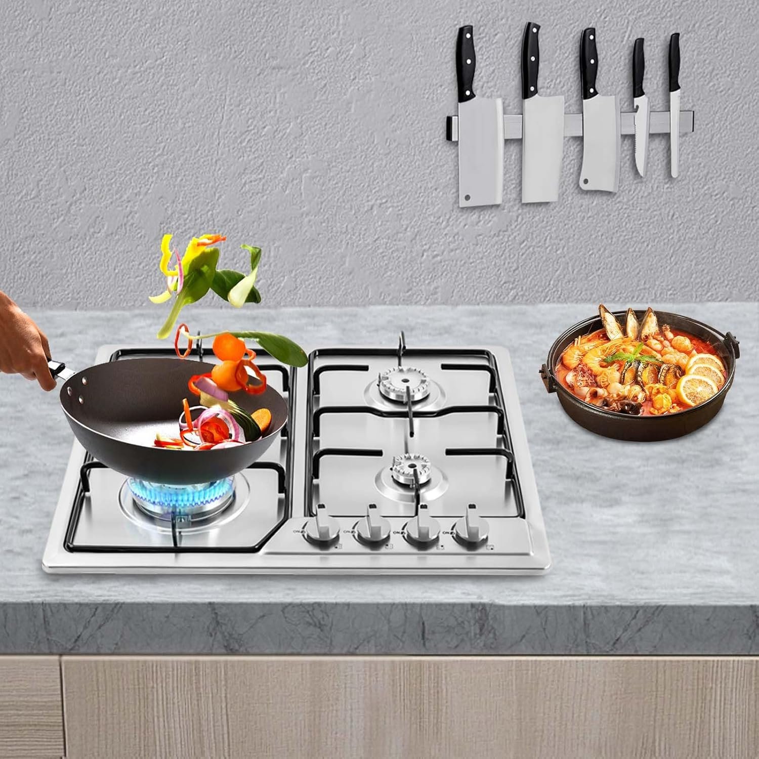 4 Burner Gas Top Stove Gas Cooktop 24 Inch Stainless Steel Built-in Gas Cooktop Gas Cooker Natural LPG Silver Gas Hob for Kitchen,Electric Ignition(4 Burner/22.83" * 19.68") - Image 2