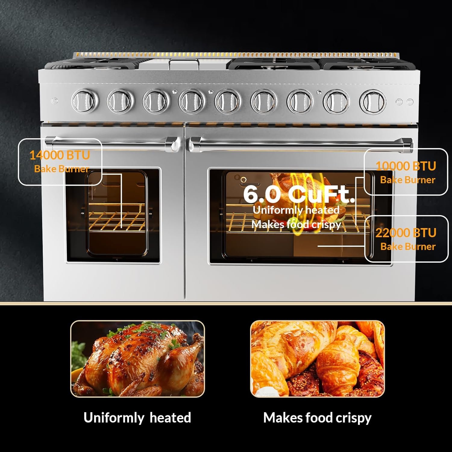 48 Inch Gas Range, Full Gas Freestanding Range with 6 Sealed Burners Cooktop & Cast Iron Grates & 7 Cu.Ft. Double Convection Oven, Stainless Steel Gas Range Stove for RV, Silver - Image 5