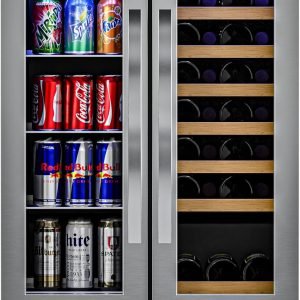 KoolMore 24 Inch Dual Zone Wine Cooler and Beverage Refrigerator with Cool Temperature Control, LED Touch Display, and Adjustable Shelves, Holds up to 21-Bottles and 60-Cans (KM-CWB1830-SS),Silver