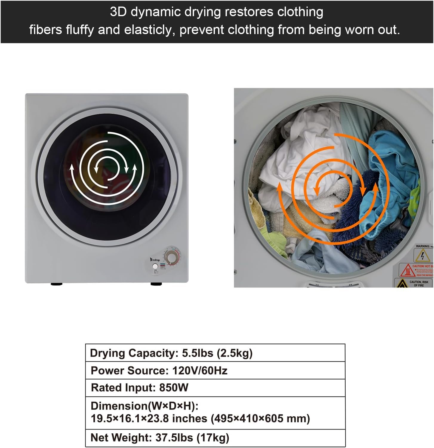Compact Clothes Dryer, Compact Portable Household Clothes Dryer, 1.5 Cu. Ft. 850W Electric Dryer with Stainless Steel Drum Black and White Mechanical Control ETL Certification - Image 6