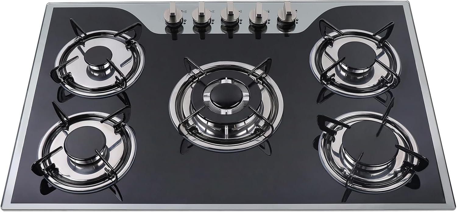 5 Burner Gas Cooktops, 30In Built in Kitchen Stove Top Gas Cooktop, Glass Cooktop, Gas Stoves, Kitchen Frying Equipment for Homes Kitchen/Restaurant Cook (Without Extinguishing Protection) - Image 4