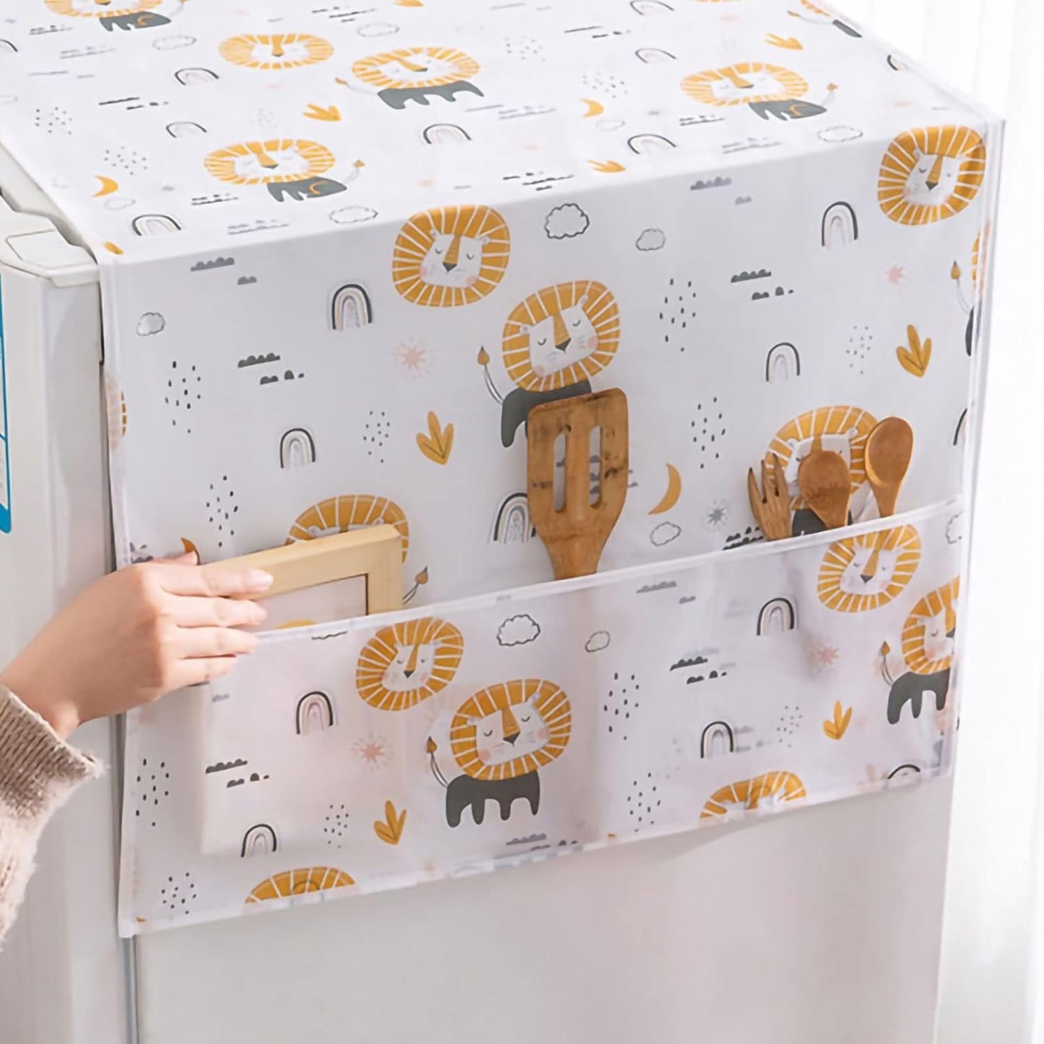 Dust-Proof Refrigerator Cover PEVA Washing Machine Top Protector with Side Storage Bags Water and Oil Proofing Refrigerator Cover Towel Universal Cover for Home and Kitchen(Lion) - Image 2