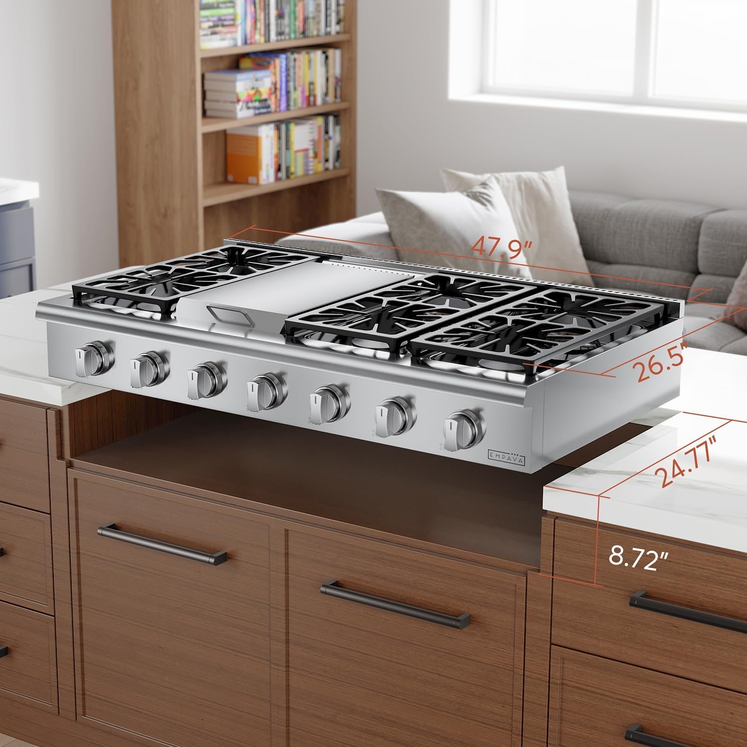 Empava 48 in. Pro-Style Professional Slide-in Natural Gas Rangetop with 6 Deep Recessed Sealed Ultra High-Low Burners-Heavy Duty Continuous Grates-Infrared Griddle in Stainless Steel, 48 Inch, Silver - Image 9
