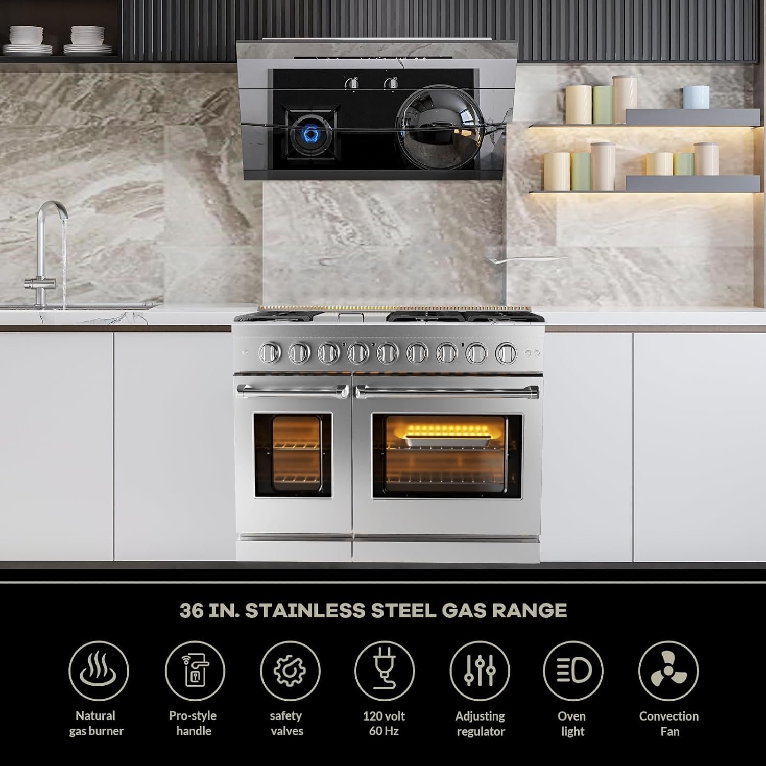 48 Inch Gas Range, Full Gas Freestanding Range with 6 Sealed Burners Cooktop & Cast Iron Grates & 7 Cu.Ft. Double Convection Oven, Stainless Steel Gas Range Stove for RV, Silver - Image 2