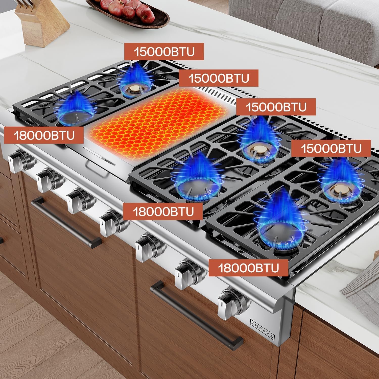 Empava 48 in. Pro-Style Professional Slide-in Natural Gas Rangetop with 6 Deep Recessed Sealed Ultra High-Low Burners-Heavy Duty Continuous Grates-Infrared Griddle in Stainless Steel, 48 Inch, Silver - Image 4