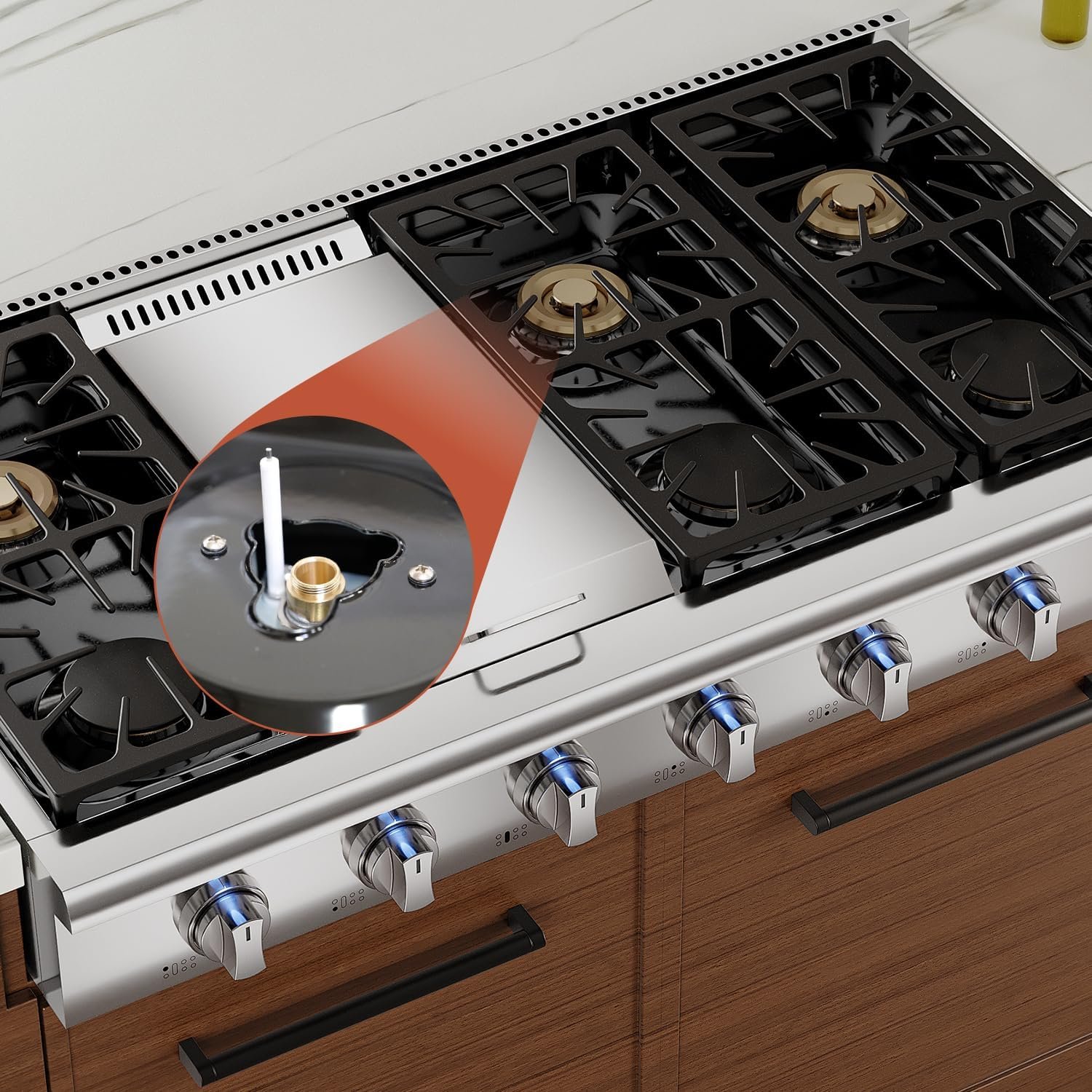 Empava 48 in. Pro-Style Professional Slide-in Natural Gas Rangetop with 6 Deep Recessed Sealed Ultra High-Low Burners-Heavy Duty Continuous Grates-Infrared Griddle in Stainless Steel, 48 Inch, Silver - Image 6