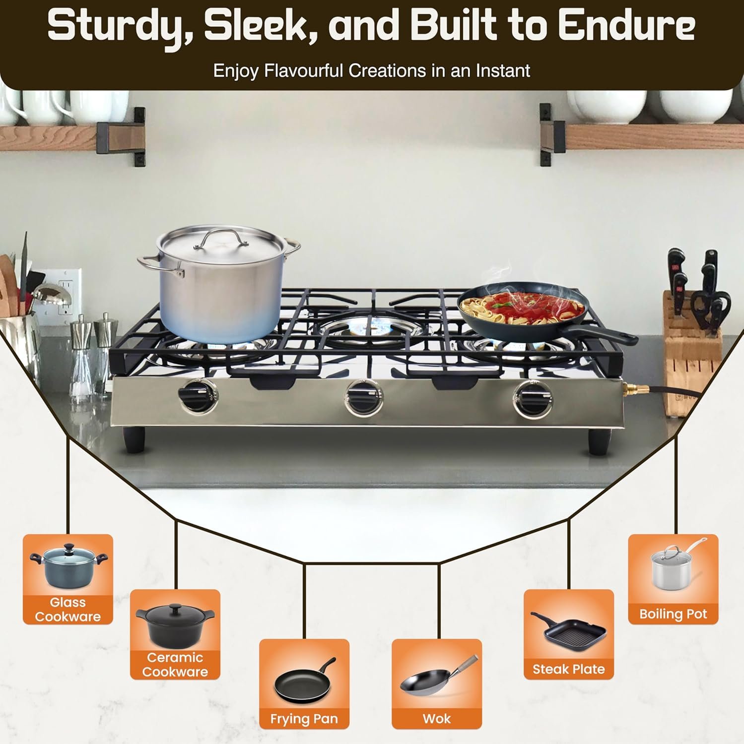 3 Burner Propane Stove - Stainless Steel Propane Portable Cooktop with Grate Propane Range Countertop Stove Gas Burner Indian Style Gas Stove for Cooking Outdoors on Propane Gas Cooktop Camping Stove - Image 6