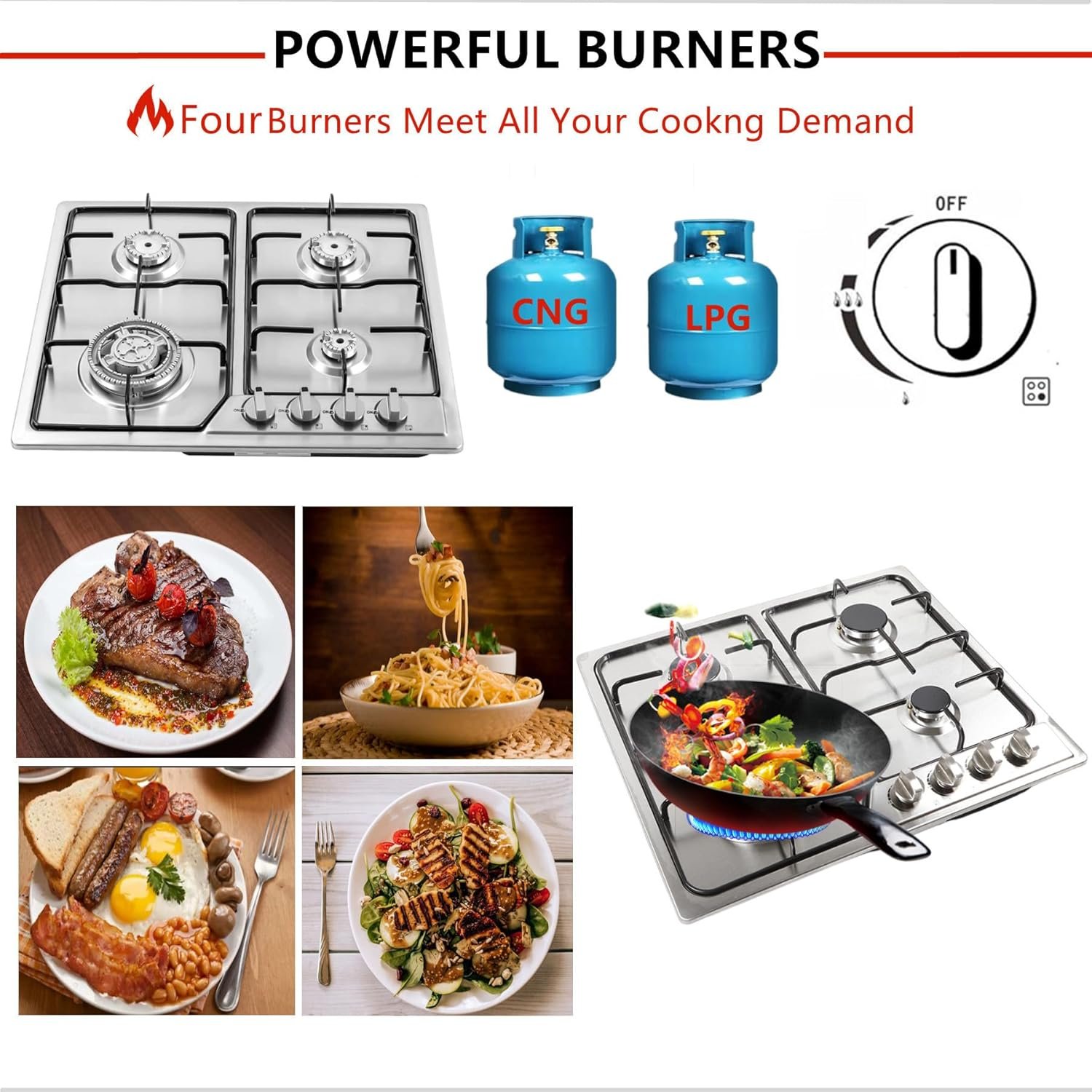 4 Burner Gas Top Stove Gas Cooktop 24 Inch Stainless Steel Built-in Gas Cooktop Gas Cooker Natural LPG Silver Gas Hob for Kitchen,Electric Ignition(4 Burner/22.83" * 19.68") - Image 3