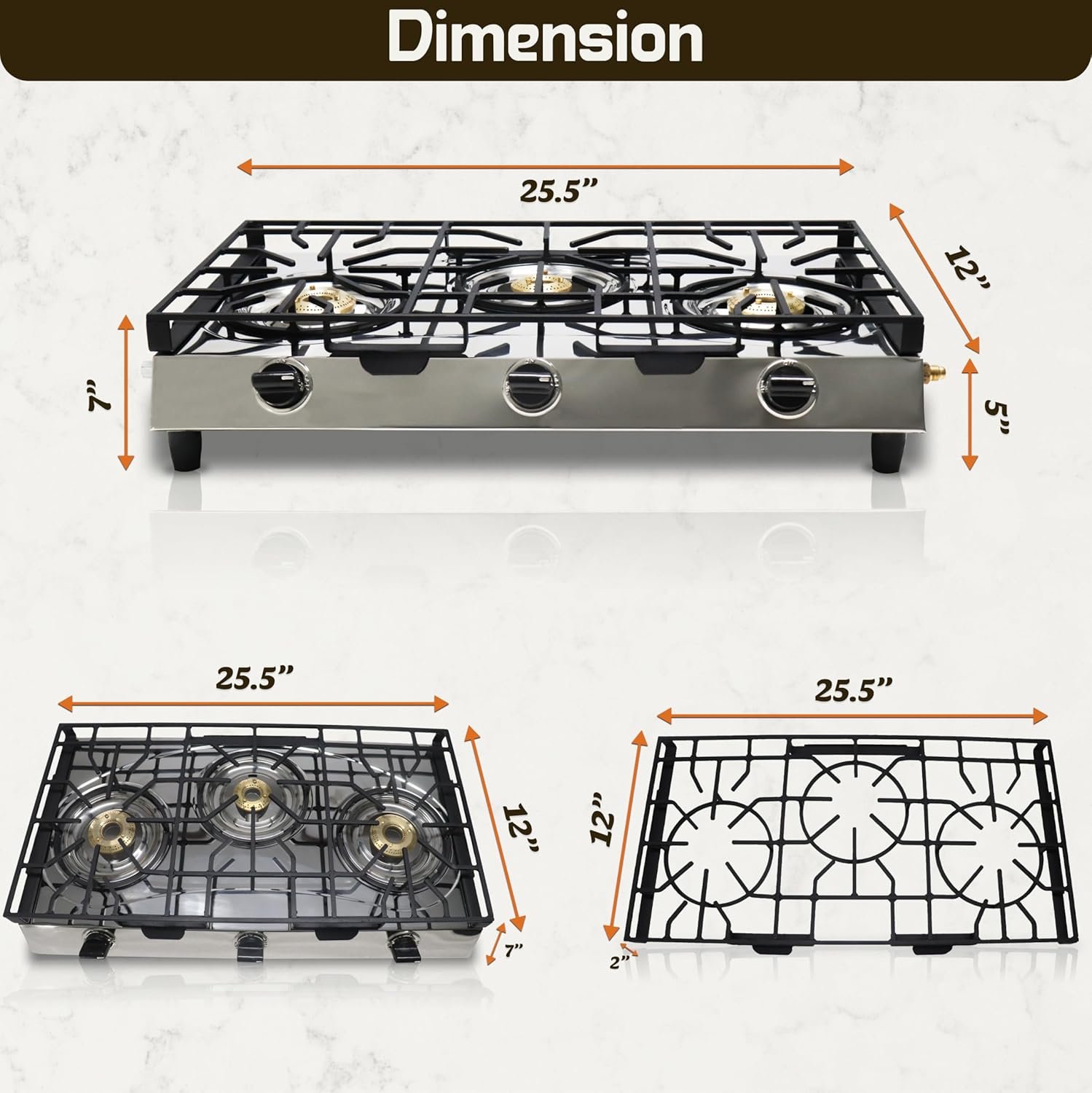 3 Burner Propane Stove - Stainless Steel Propane Portable Cooktop with Grate Propane Range Countertop Stove Gas Burner Indian Style Gas Stove for Cooking Outdoors on Propane Gas Cooktop Camping Stove - Image 2