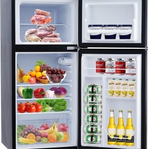 Litake 4.5 Cu. Ft Mini Fridge with Freezer, Refrigerator with Stainless Steel 2 Doors, 5 Adjustable Thermostat Settings, Compact Refrigerators with Crisper Drawer for Apartment, Dorm, Office, 128L