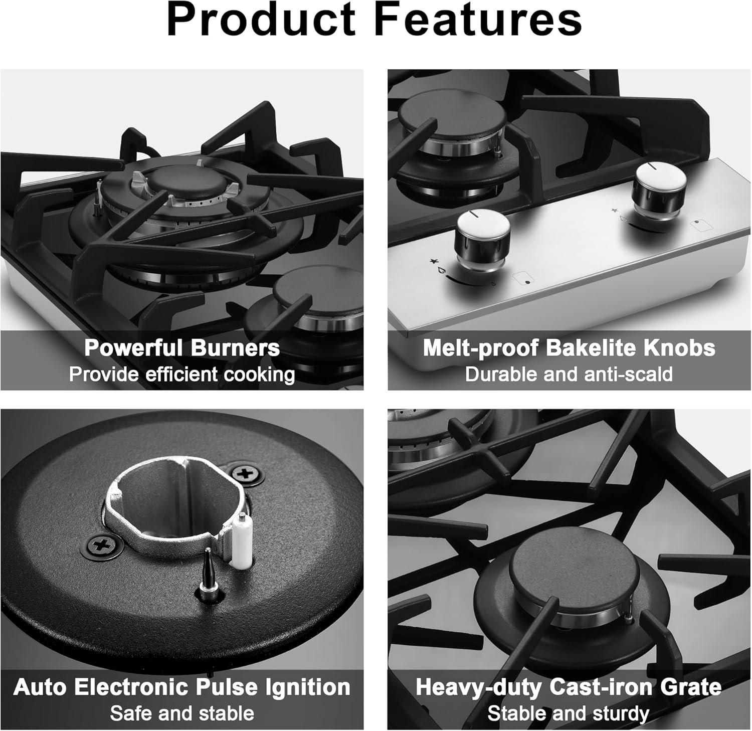 2 Burner Propane Gas Cooktop, 12 inch LPG/NG Dual Fuel Built-in Gas Stove Top, Black Tempered Glass Gas Stove, Gas Hob for Apartment, Outdoor, RV, With Thermocouple Protection - Image 3