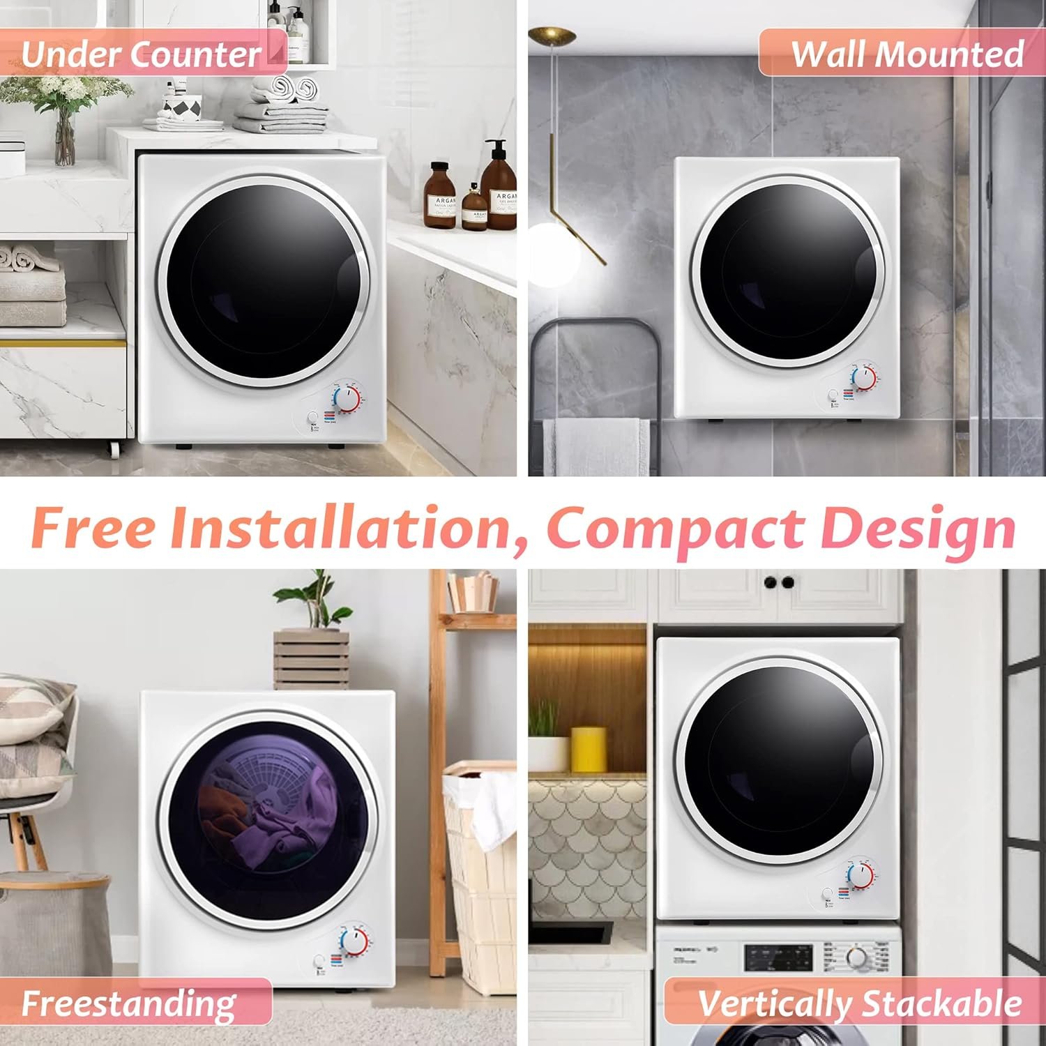 LZ LEISURE ZONE Portable Clothes Dryer, Electric Compact Dryer with Easy Knob Control, Front Load Freestanding Laundry Dryer Machine for Apartments/Dorm/RVs/Home, Wall Mount Kit Included, White - Image 2