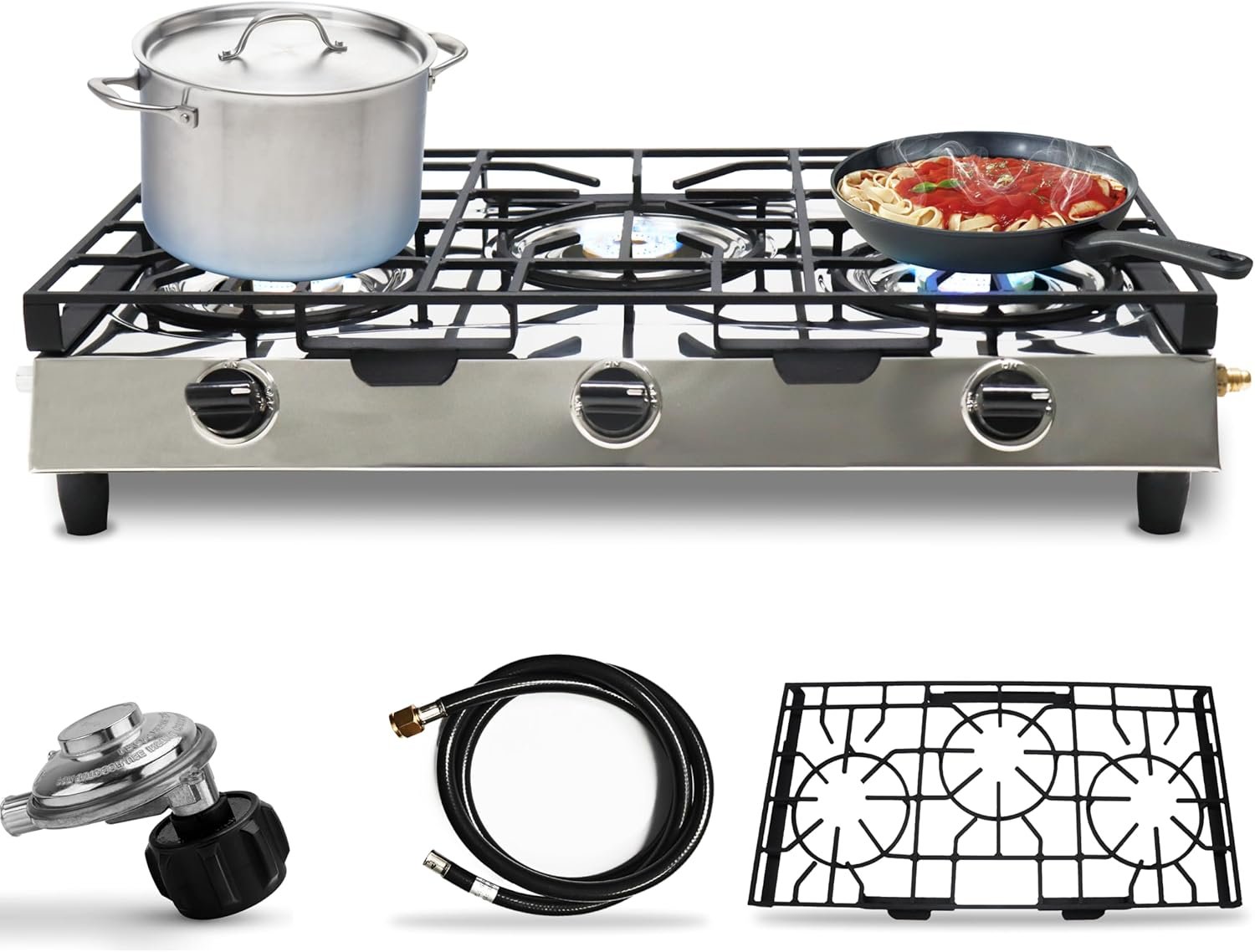 3 Burner Propane Stove - Stainless Steel Propane Portable Cooktop with Grate Propane Range Countertop Stove Gas Burner Indian Style Gas Stove for Cooking Outdoors on Propane Gas Cooktop Camping Stove