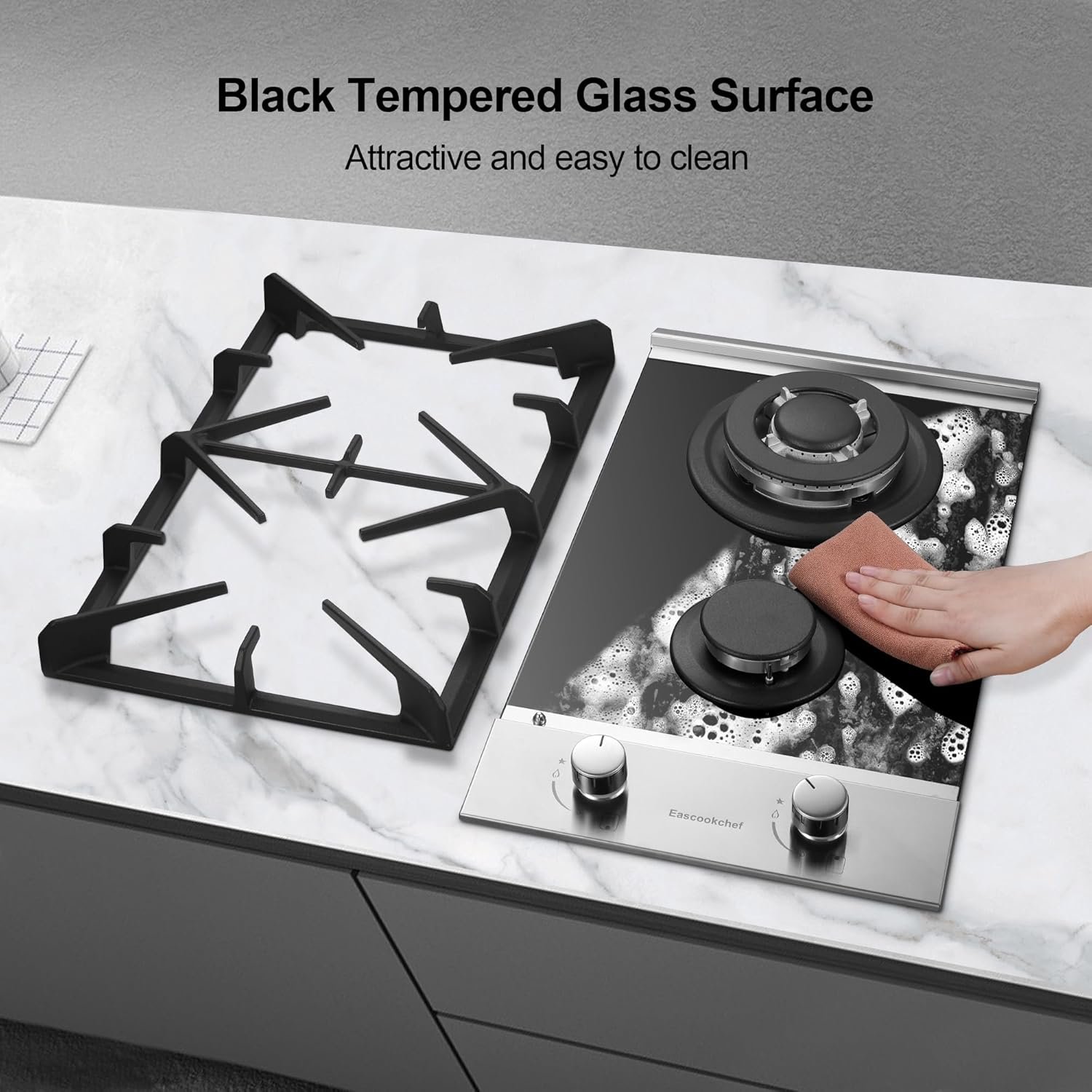 2 Burner Propane Gas Cooktop, 12 inch LPG/NG Dual Fuel Built-in Gas Stove Top, Black Tempered Glass Gas Stove, Gas Hob for Apartment, Outdoor, RV, With Thermocouple Protection - Image 6