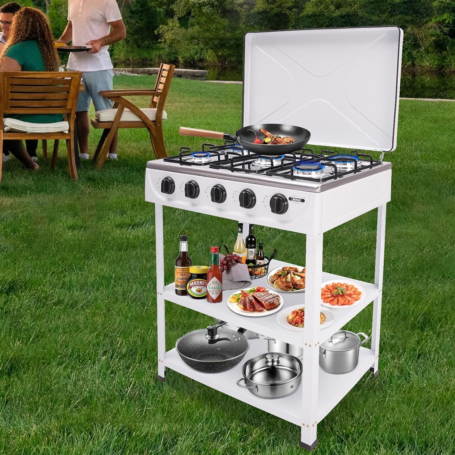 5 Burners Natural Gas Stove, Removable Bracket Gas Cooktop, Portable Gas Stove for Kitchen, RV, Apartment, Outdoor Cooking (White) - Image 3