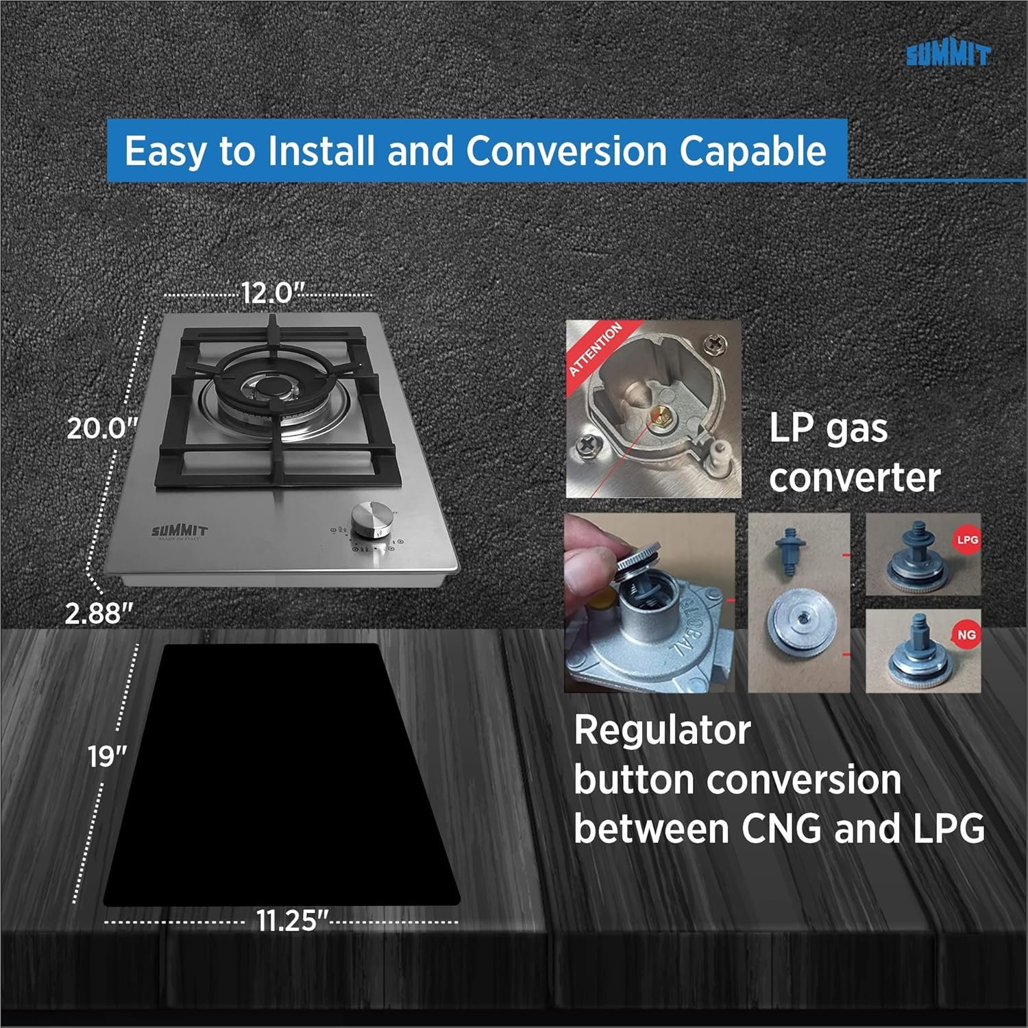 Summit GCJ1SS, 12-Inch-Wide Single Burner Gas Cooktop, Stainless Steel with Sealed Burners, Cast Iron Grates, Wok Ring, NG/LPG Conversion Kit, Flame Failure Protection, Easy to Clean, Cord Included - Image 2