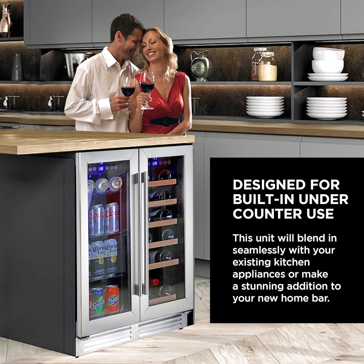 Koolatron Wine Fridge - Under Counter Wine Cooler, 18 Bottle and 56 Beverage Can Chiller, Built in Wine Cabinet for Champagne, White & Red Wine, Bar, Dual Zone Freestanding Cellar, Stainless Steel - Image 2