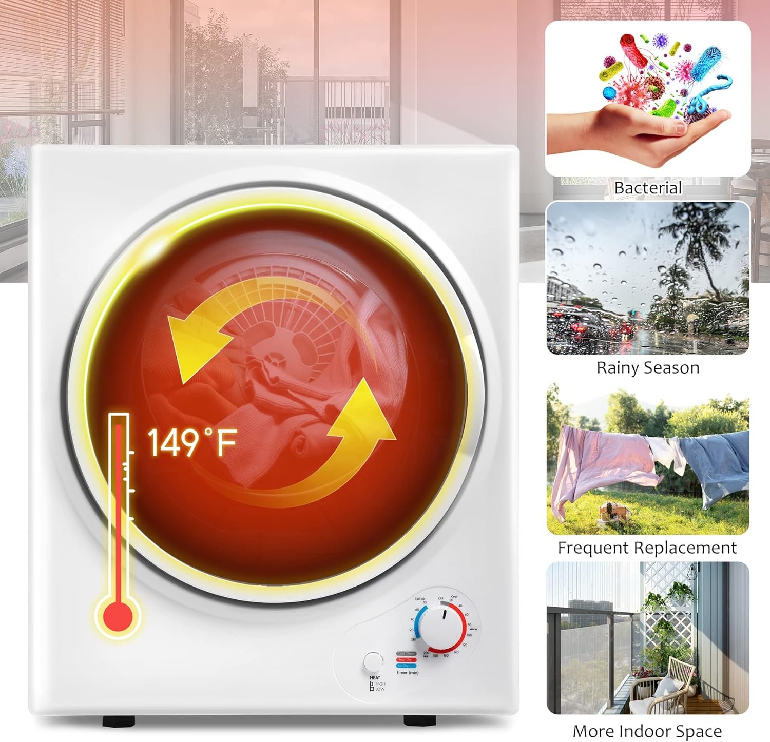 LZ LEISURE ZONE Portable Clothes Dryer, Electric Compact Dryer with Easy Knob Control, Front Load Freestanding Laundry Dryer Machine for Apartments/Dorm/RVs/Home, Wall Mount Kit Included, White - Image 4