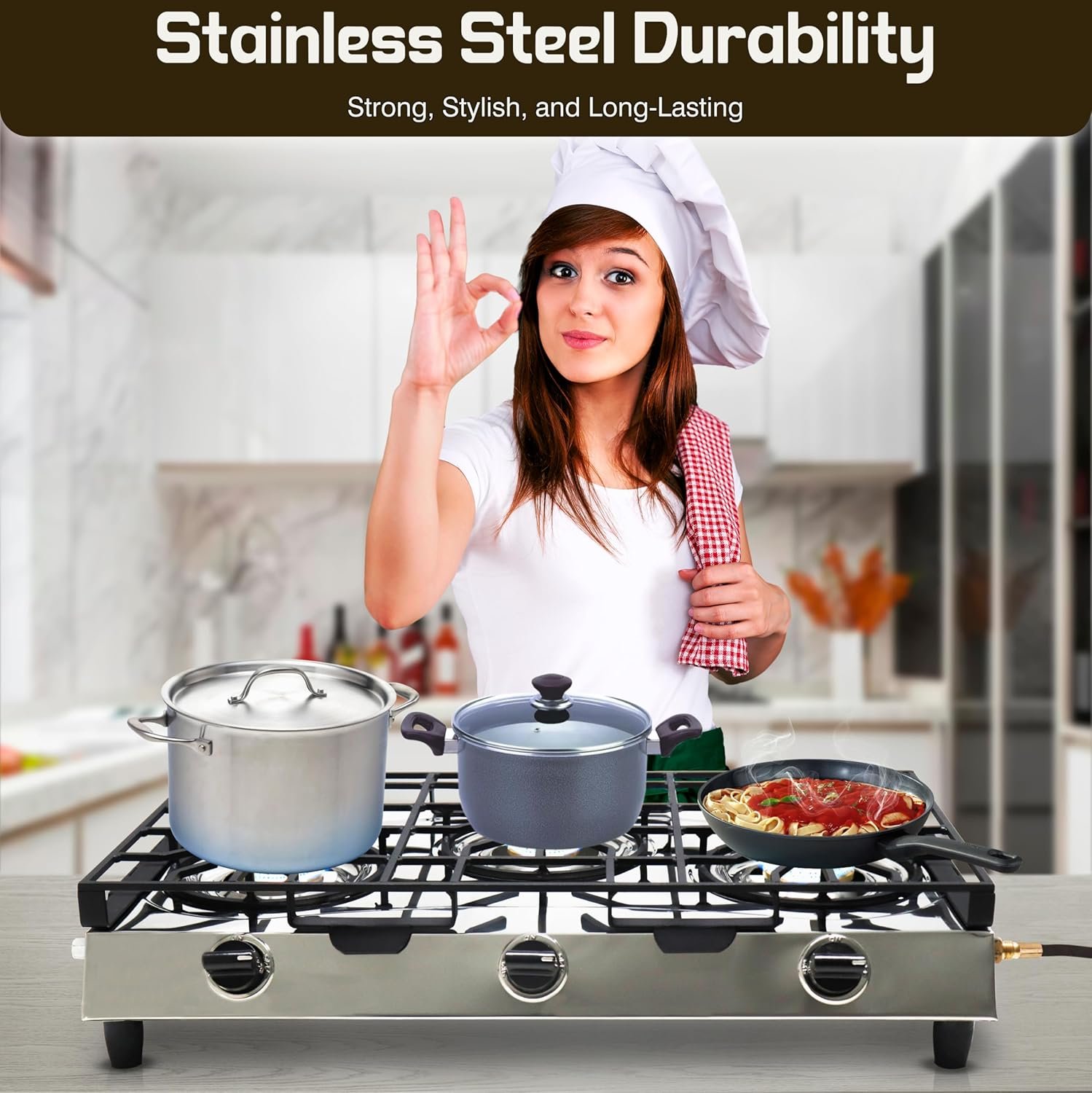 3 Burner Propane Stove - Stainless Steel Propane Portable Cooktop with Grate Propane Range Countertop Stove Gas Burner Indian Style Gas Stove for Cooking Outdoors on Propane Gas Cooktop Camping Stove - Image 9