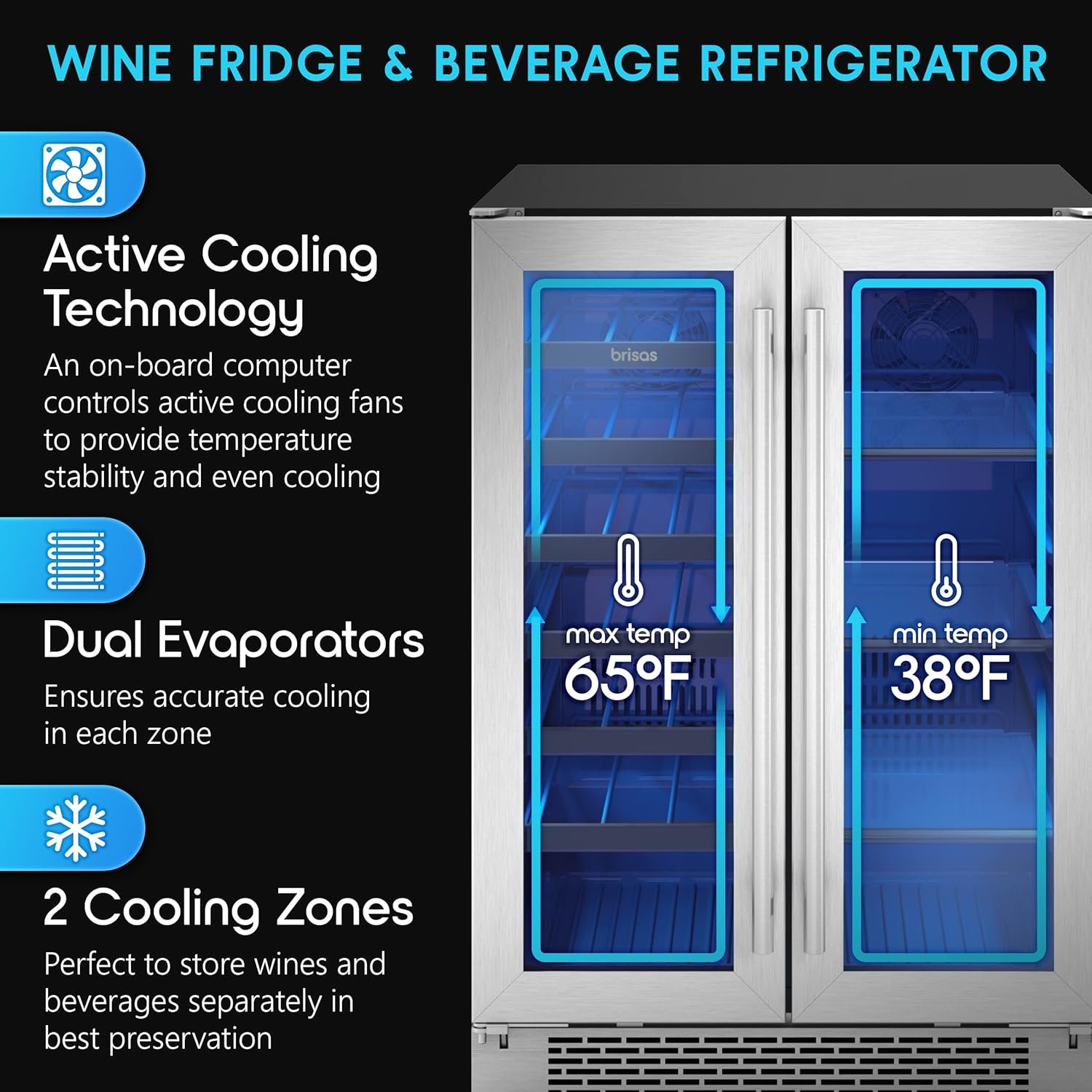 Zephyr Brisas 24 Inch Wine Fridge Dual Zone Under Counter Countertop Wine and Beverage Cooler Cabinet Home Bar Drink Beer Freestanding Refrigerator with French Door 21 Bottles 64 cans - Image 2