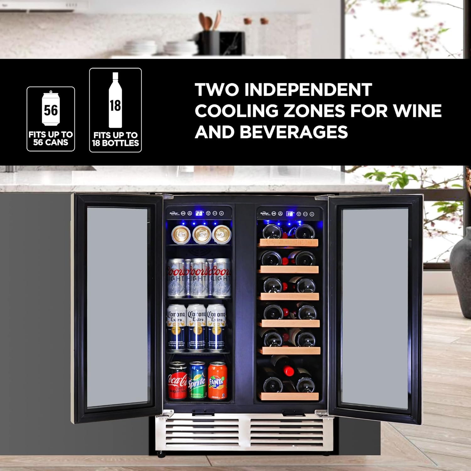 Koolatron Wine Fridge - Under Counter Wine Cooler, 18 Bottle and 56 Beverage Can Chiller, Built in Wine Cabinet for Champagne, White & Red Wine, Bar, Dual Zone Freestanding Cellar, Stainless Steel - Image 3