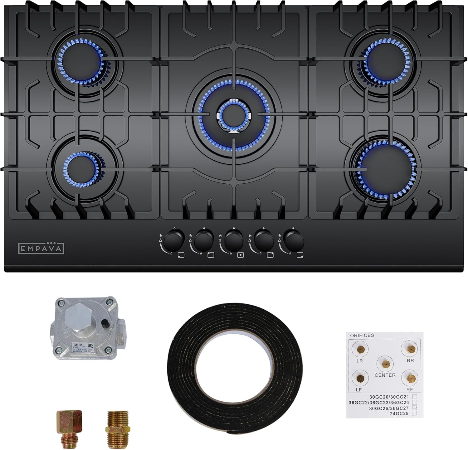 Empava 36 Inch Gas Cooktop with 5 Italy Sabaf Sealed Burners NG/LPG Convertible Tempered Glass in Black Model 2020 - Image 6