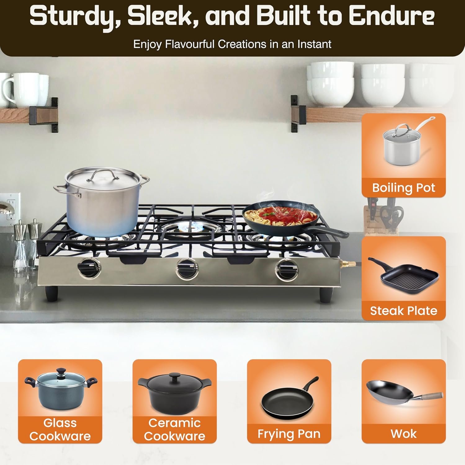 3 Burner Propane Stove - Stainless Steel Propane Portable Cooktop with Grate Propane Range Countertop Stove Gas Burner Indian Style Gas Stove for Cooking Outdoors on Propane Gas Cooktop Camping Stove - Image 5