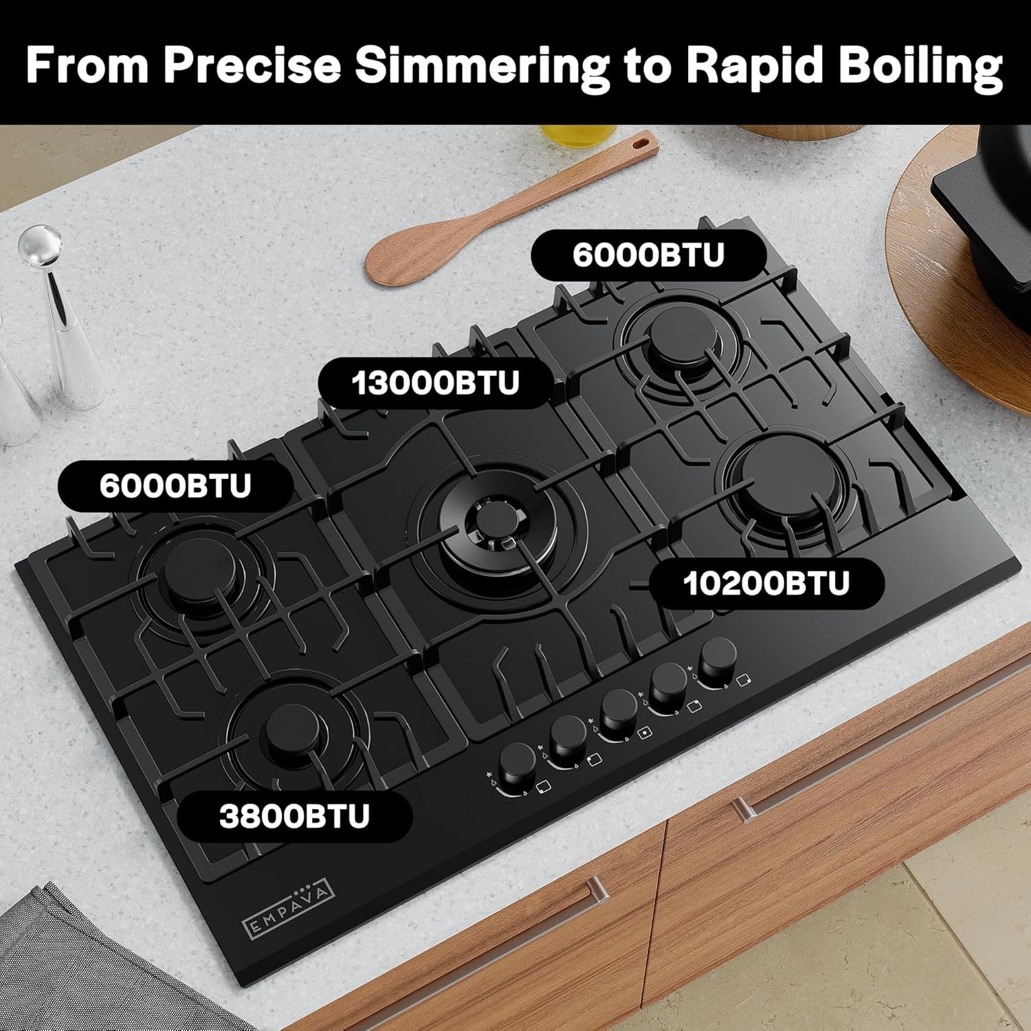 Empava 36 Inch Gas Cooktop with 5 Italy Sabaf Sealed Burners NG/LPG Convertible Tempered Glass in Black Model 2020 - Image 3