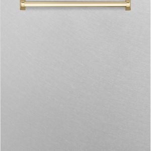 ZLINE Autograph Edition 24" 3rd Rack Top Touch Control Tall Tub Dishwasher in Fingerprint Resistant Stainless Steel with Gold Handle, 45dBa (DWMTZ-SN-24-G)