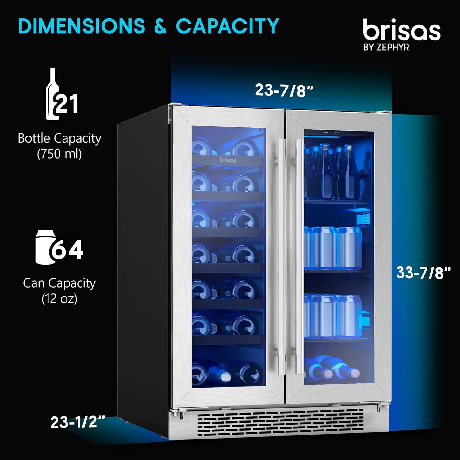 Zephyr Brisas 24 Inch Wine Fridge Dual Zone Under Counter Countertop Wine and Beverage Cooler Cabinet Home Bar Drink Beer Freestanding Refrigerator with French Door 21 Bottles 64 cans - Image 3