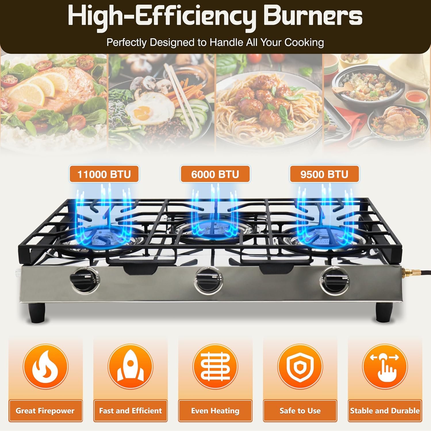 3 Burner Propane Stove - Stainless Steel Propane Portable Cooktop with Grate Propane Range Countertop Stove Gas Burner Indian Style Gas Stove for Cooking Outdoors on Propane Gas Cooktop Camping Stove - Image 3