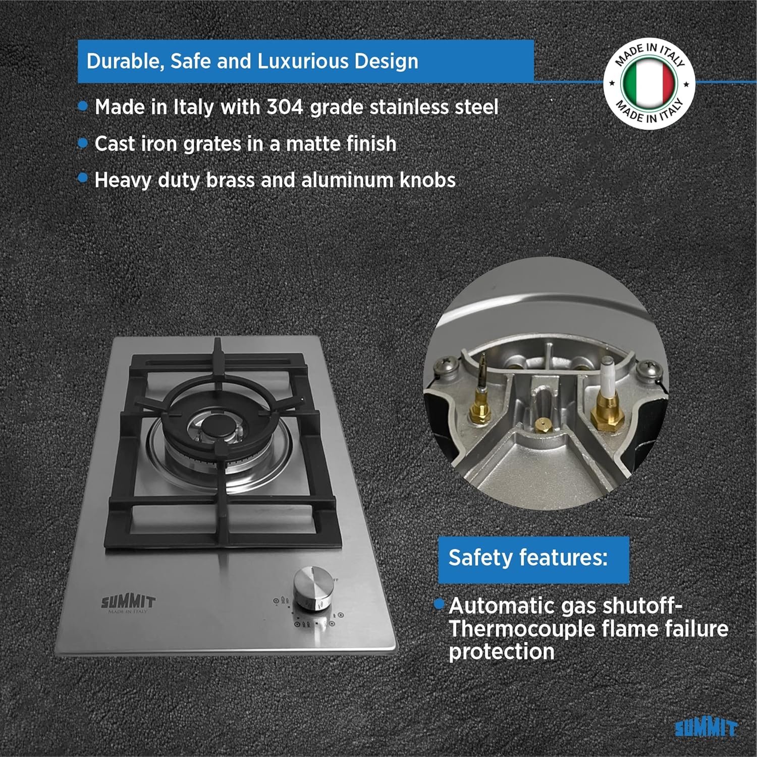 Summit GCJ1SS, 12-Inch-Wide Single Burner Gas Cooktop, Stainless Steel with Sealed Burners, Cast Iron Grates, Wok Ring, NG/LPG Conversion Kit, Flame Failure Protection, Easy to Clean, Cord Included - Image 5
